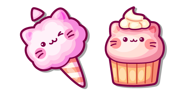 Kawaii Pink Cat Cotton Candy and Cat Cupcake Cursor
